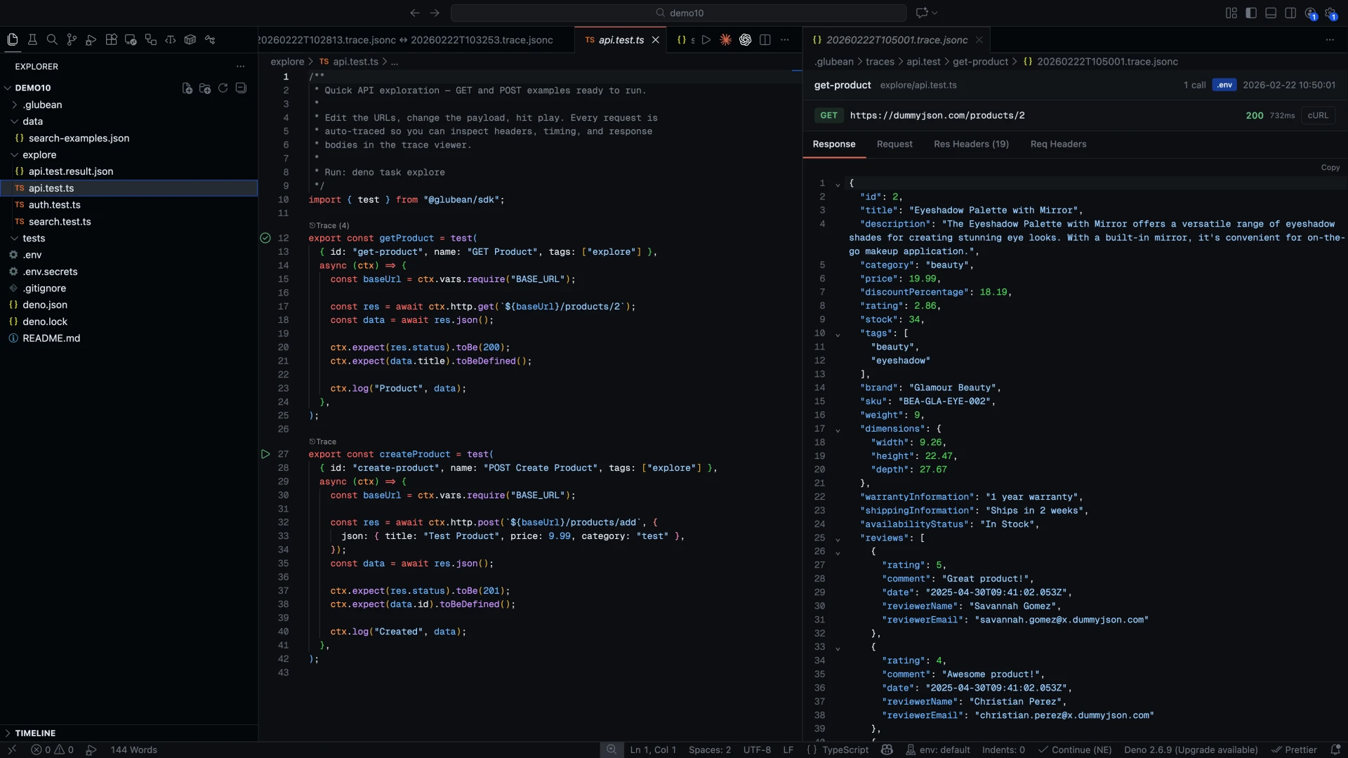 TypeScript test file with inline play button and live trace viewer