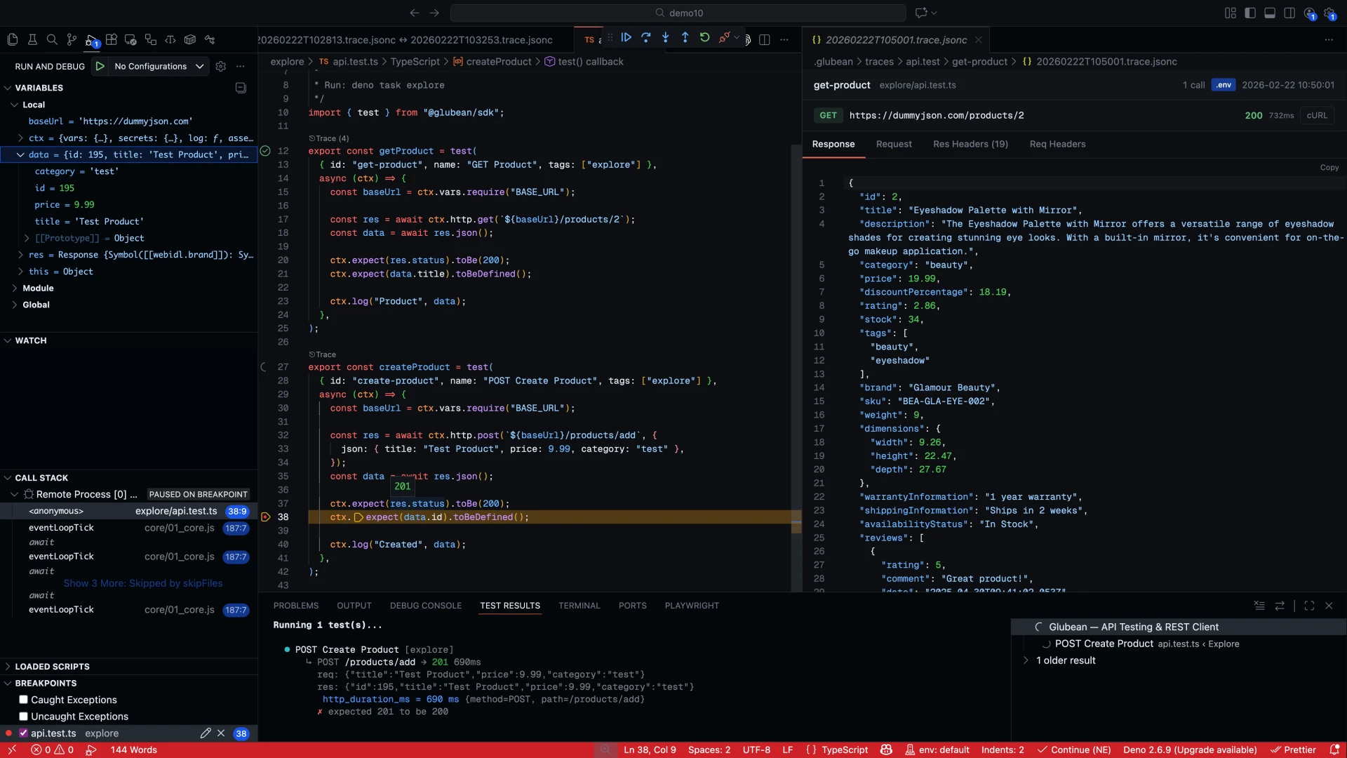VS Code debugger paused at a breakpoint inside an API test