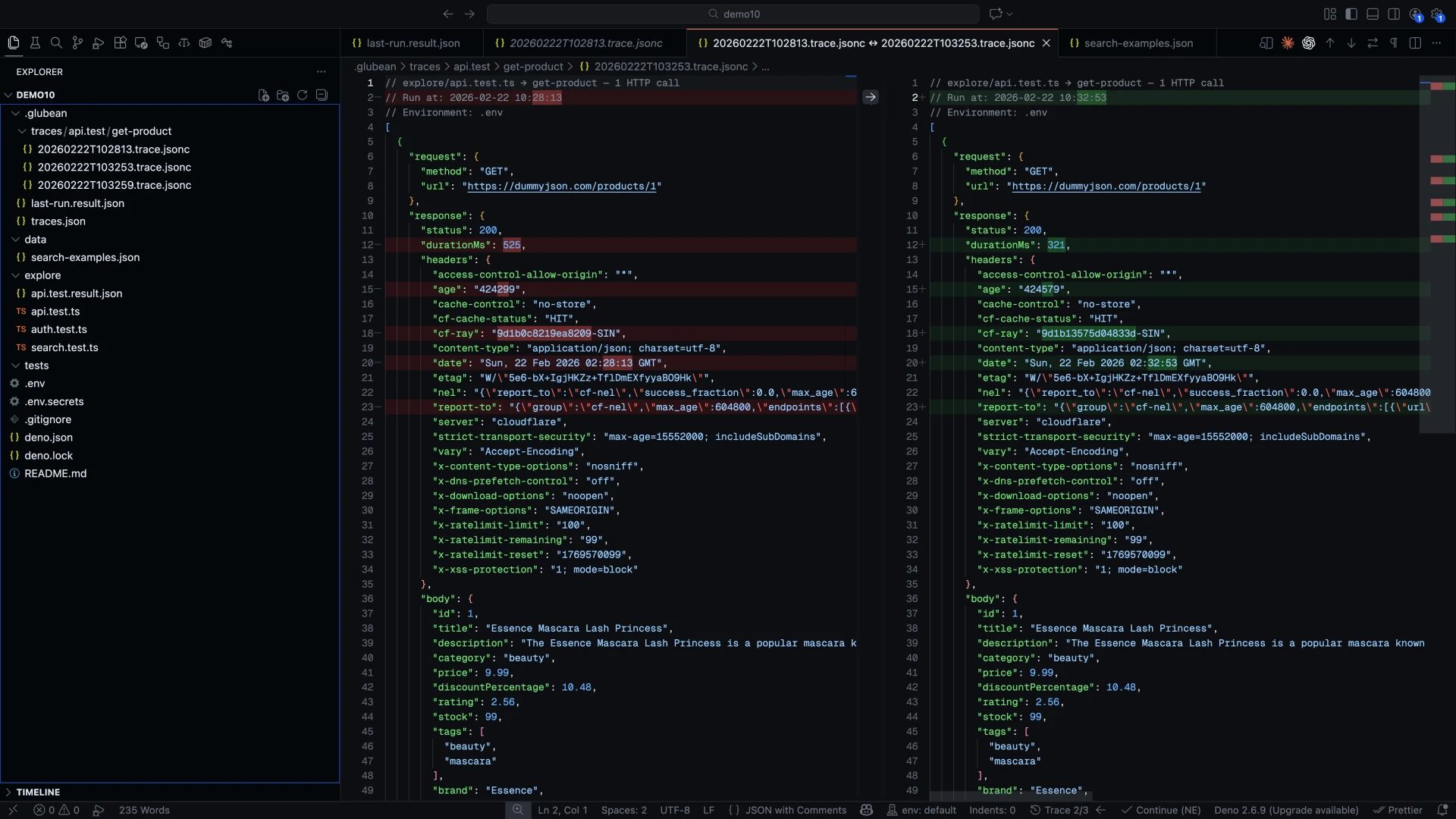 Side-by-side diff of two API trace runs