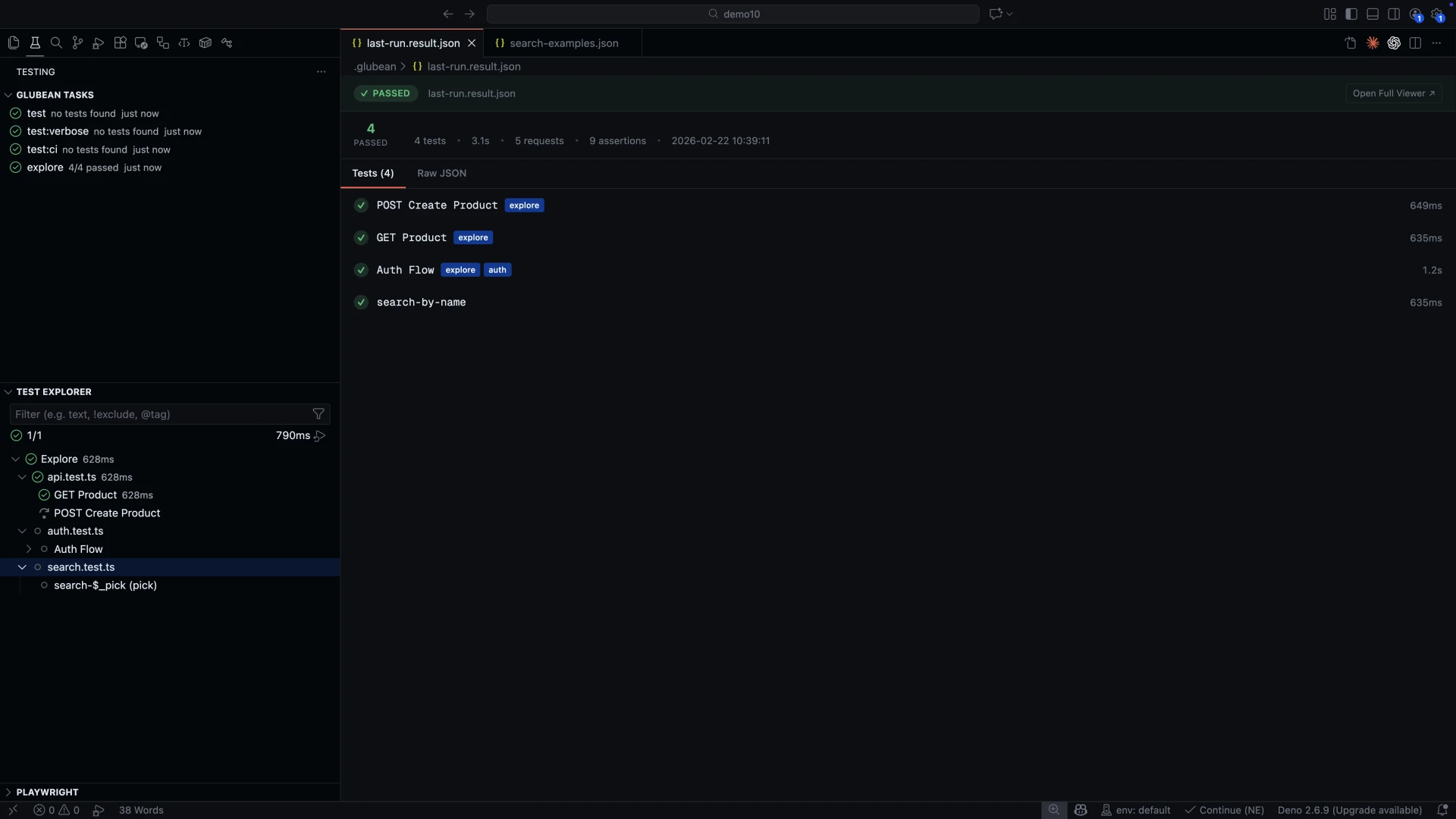 Test results panel showing 4 tests passed in 3.1 seconds