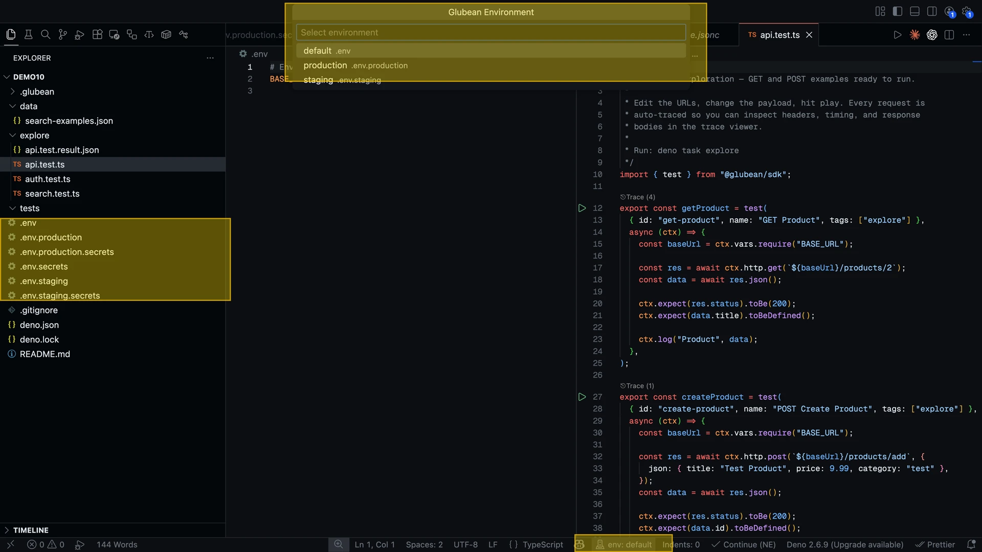 Environment switcher showing default, production and staging environments